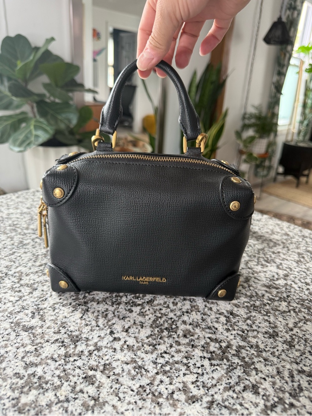 Karl Lagerfeld Black Textured Leather Crossbody Camera Bag with Gold Hardware - Picture 2 of 4